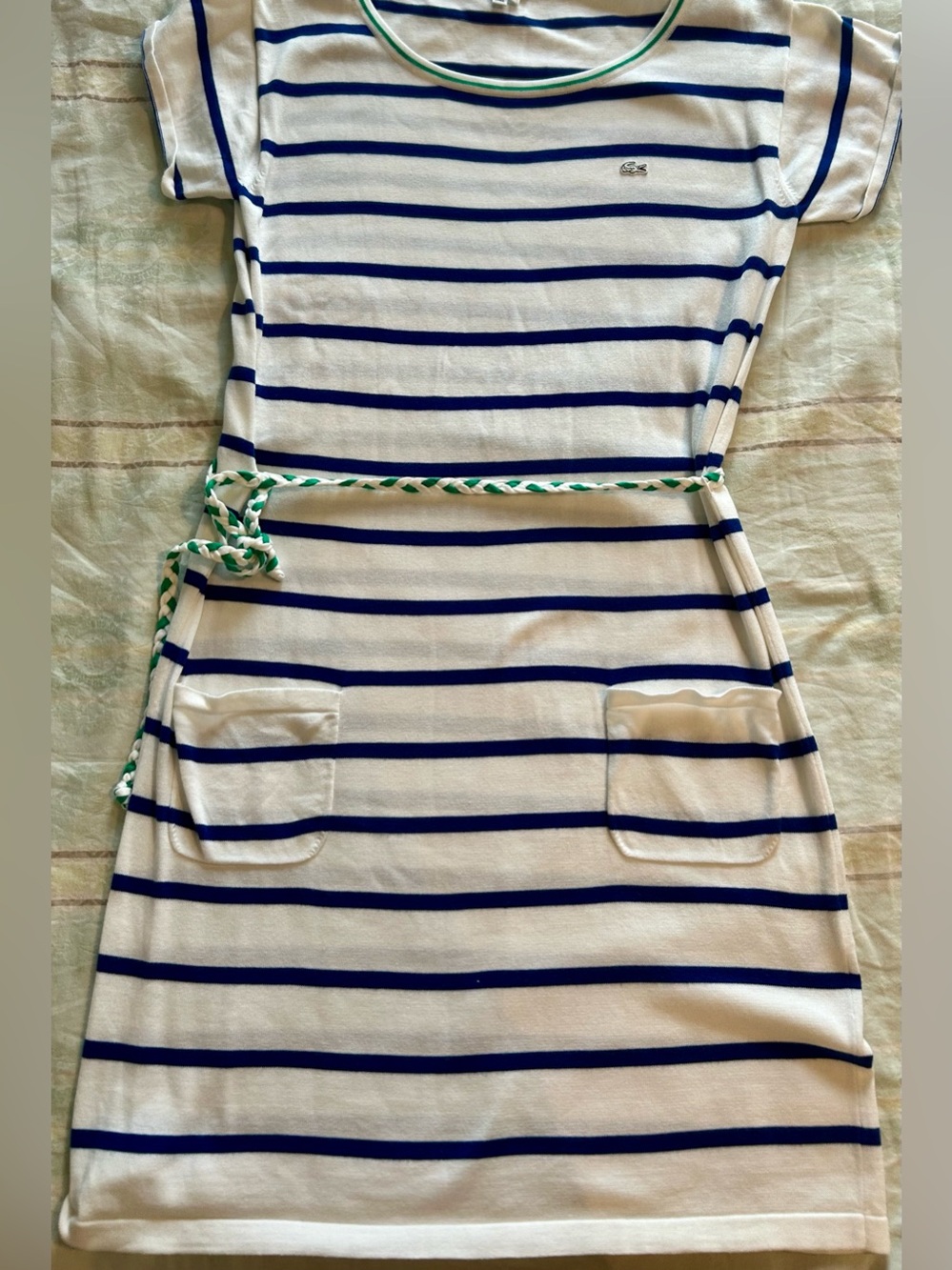 Lacoste Women’s Cotton Dress with Navy Blue Stripes, Pockets, Green Belt US 12